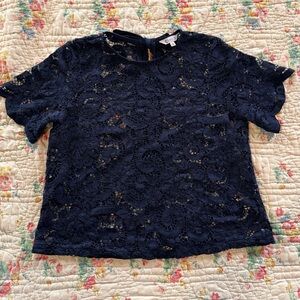 Nanette Lepore Navy Lace Short Sleeve Top w/ Back Bow - small